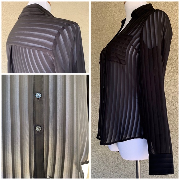 🔥5/$20🔥 Black Chiffon Shirt Sheer Stripes - Picture 3 of 8